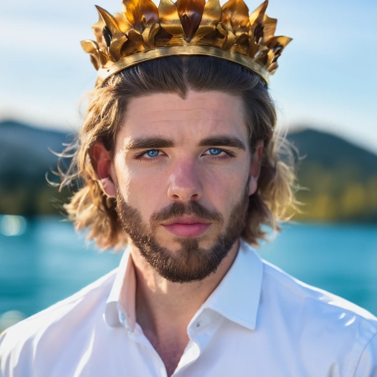 Matthis Coleman, beard, male focus, laurel crown, white shirt, blue eyes, highly detailed, 8k, hd, bokeh, photorrealistic, <lora:Matthis_Coleman_V2.0:1>