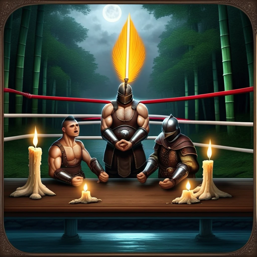 wrestling ring, holding hammer, interlocked fingers, grey sky, gun, candle, knight, river, own hands clasped, makeup, rogue, chest hair, sidekick, bamboo forest, covered eyes, scythe, lightsaber, mature male, table, moon, fighter, orange eyes, male focus, brick wall, barefoot, polearm, bracer, open clothes, storm, fireflies, undercut