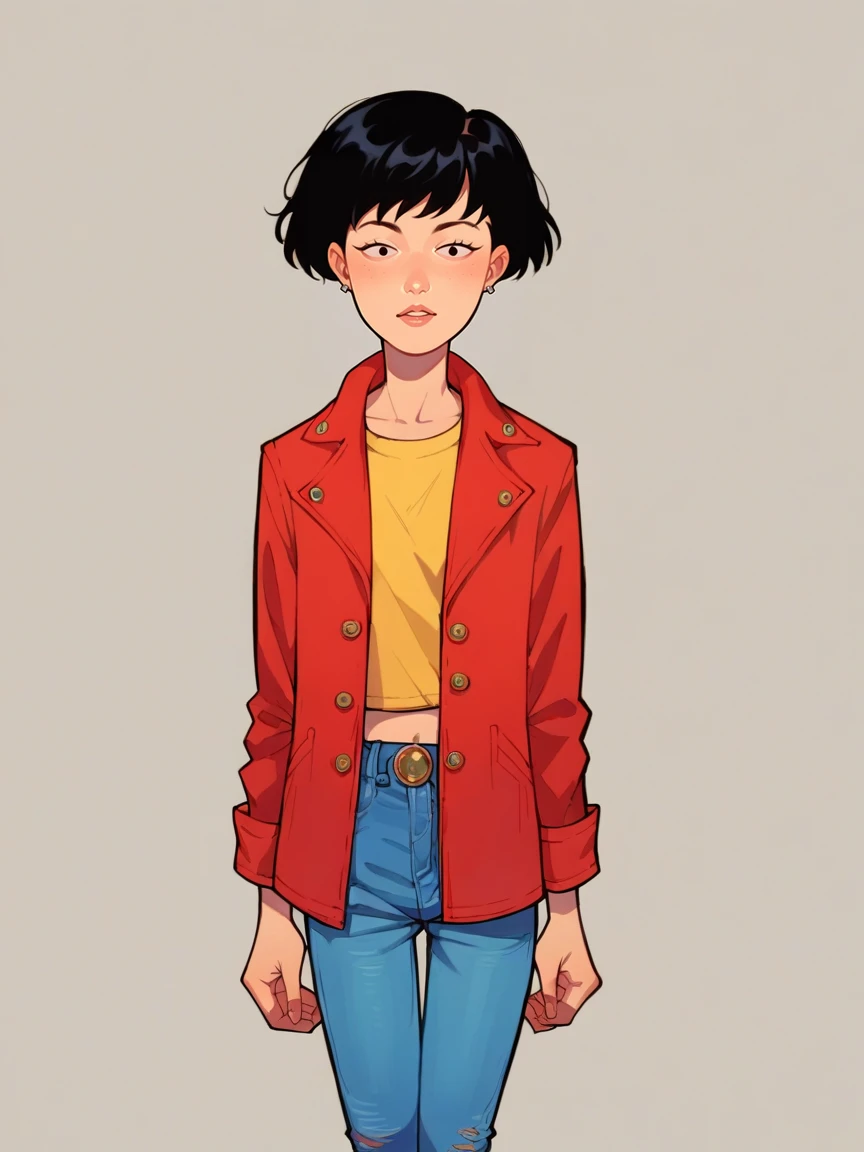 score_9, score_8_up, score_7_up, score_6_up, score_5_up,  source_cartoon, <lora:DariaXLP:1> (daria:1.2), 1girl, black hair, short hair, red jacket, jeans, solo, cel shading