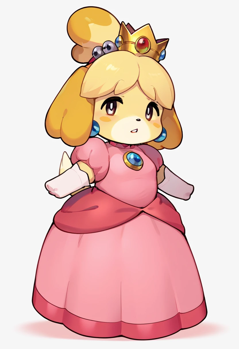 score_9, score_8_up, score_7_up, BREAK 1girl, isabelle \(animal crossing\), animal crossing, dog girl, furry female, solo, flat chest, chibi, p34ch3s-dress, cosplay, crown, blue earrings, jewelry, pink dress, elbow gloves, white gloves, looking at viewer, full body, simple background, white background <lora:PrincessPeachCosplay-PDXL-09:1>