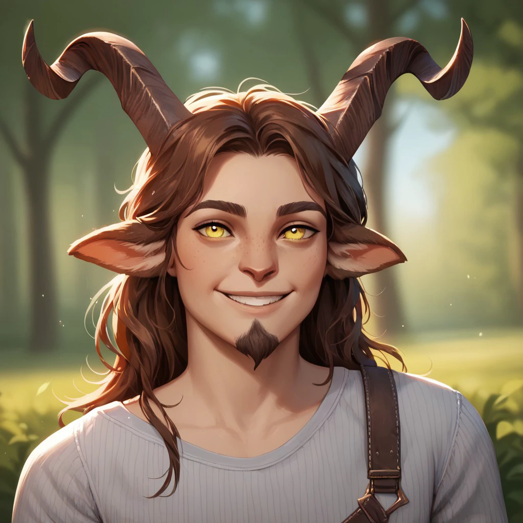 (((detailed, beautiful, high quality))), upper Body, score_9, score_8_up, score_7_up,
satyr, faun, horns, animal ears, big horns, 1male, long hair, brown hair, yellow eyes, smile, goatee, grey medieval T-shirt, shoulder strap,
looking at the viewer, posing, blurred background, blurred fantasy background,