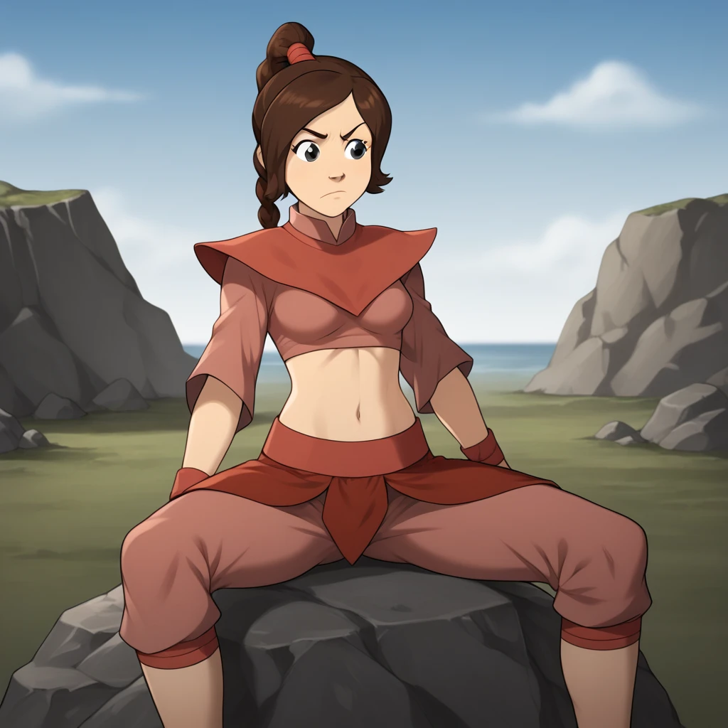 score_7_up, BREAK, tylee, 1girl, solo, brown hair, short hair, braided ponytail, black eyes, crop top, midriff, pants, brown flats, sitting on rock, outdoors, blue sky,  <lora:TyLee_TheLastAirbender_PXL_Leaf1:1>