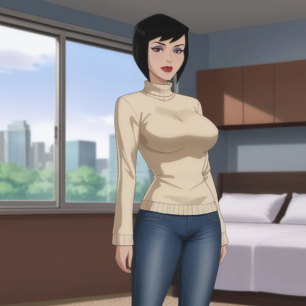 <lora:loislaneunchained_pony_v1:.8> loislanebedroom, 1girl, short hair, black hair, lipstick, large breasts, makeup, cowboy shot, sweater, jeans