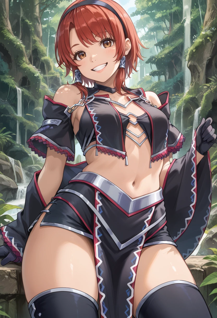 (score_9:0.9),score_8_up,score_7_up,rating_safe,anime style,(zPDXL),<lora:Equis armor ponyXL v1.1:0.75>,equis armor,(1girl,solo),smile,brown eyes,black thighhighs,navel,brown hair,grin,medium breasts,short hair,midriff,red hair,black hairband,(black pelvic curtain),black breast curtains,black detached sleeves,black hair tubes,forest,black gloves,