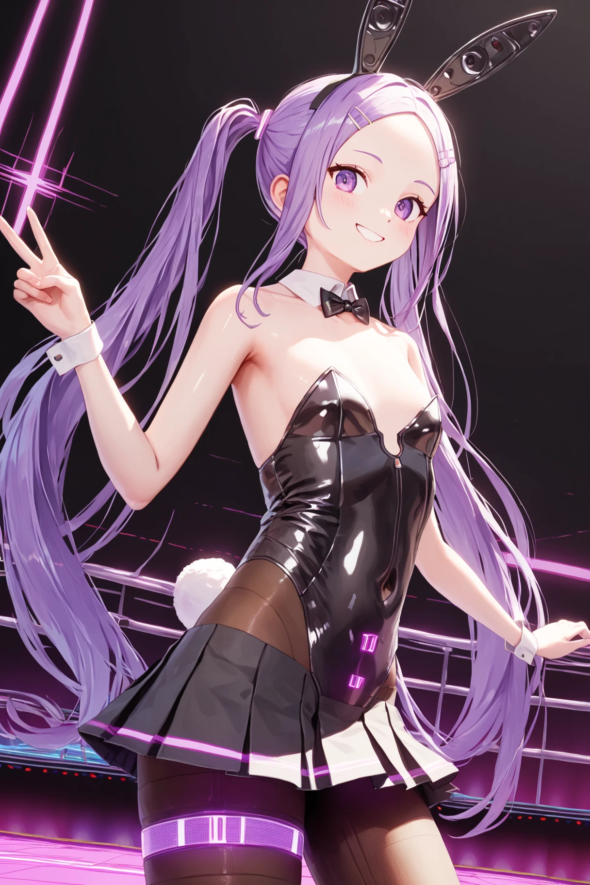 (nsfw:1), (Uncensored:1),
score_9, score_8_up, score_7_up, score_6_up, very detailed illustration,
 <lora:LoChan_Pony_V1:0.9>purple eyes, forehead, purple hair, long hair, twintails, rabbit ears, rabbit hairpin, 
detached collar, bowtie, choker, bare shoulders, 
Shiny clothes, electric lights, light paint,
playboy bunny, black leotard, strapless leotard, zipper, covered navel, 
half gloves, tattoo,
black pantyhose, thigh strap, 
peace sign, double peace sign,smile,
((Black Mini skirts:1.5, pleated skirts, Shiny skirts:1.5))
cyber pank, what, Neon lights, neon signs, holographic interface, neon trim, hologram, gameplay mechanics,  science fiction, laser, 
(((bronze background, simple bacground,,multicolored background, simple bacground,,)))
upper body, cowboy shot,