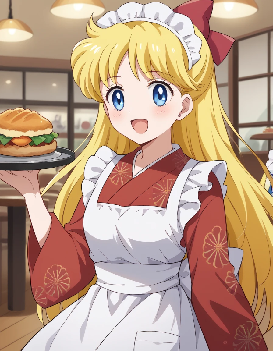 score_9, score_8_up, score_7_up, source_anime, <lora:minako-aino-eternal-movie1-ponyxl-lora-nochekaiser:1>, minako aino, blonde hair, blue eyes, bow, hair bow, half updo, long hair, red bow, tiara,, <lora:wa-maid-ponyxl-lora-nochekaiser:1>, wa maid, maid, maid headdress, apron, white apron, frilled apron, maid apron, kimono, japanese clothes, frilled kimono, holding tray, tray, food,, indoors, restaurant, smile, blush, open mouth,,