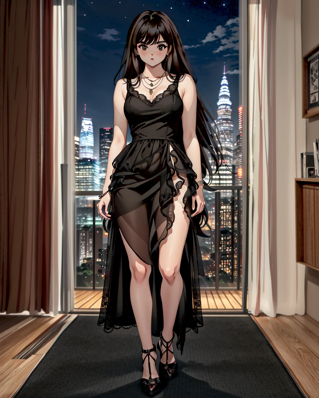 best quality,masterpiece,highly detailed,ultra-detailed, 
 <lora:neg9V2_last:0.7> retro-anime-90, 1990s \(style\)
<lora:retro-anime-90_V02:0.8>, 1girl, dress, solo, black dress, jewelry, necklace, black hair, high heels, night, black footwear, looking at viewer, side slit, long hair, standing, k-pop, full body, sleeveless, city lights, sleeveless dress, blurry, brown hair