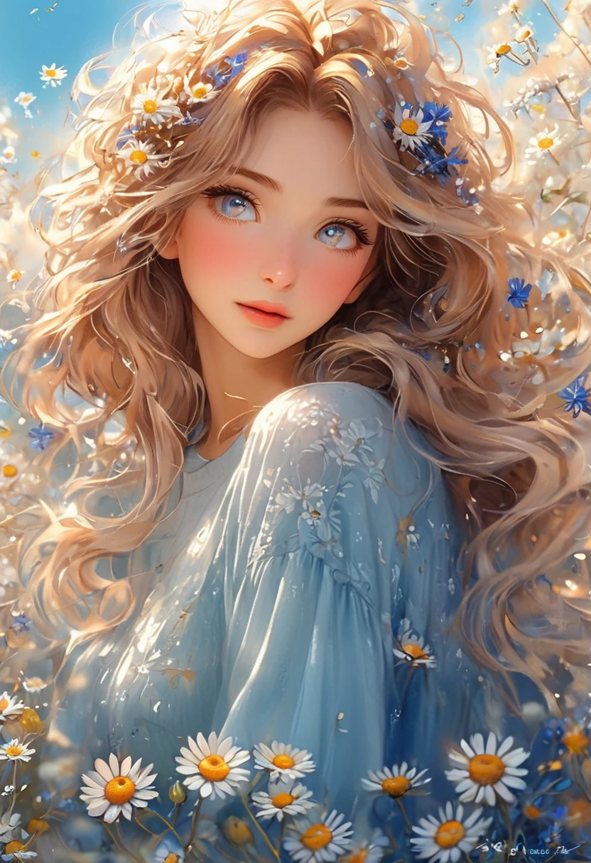 Midjourney, MJ, Midjourney style, poster, light background, close-up, manga, anime, Portrait of a young girl with delicate facial features, large light eyes with long eyelashes, fair skin with blush on the cheeks. The hair is slightly tousled and decorated with small flowers, and hovering in the air such as daisies and cornflowers. The background is light, faded and soft, with watercolor blurred elements and light flowers. The girl is surrounded by flying flowers, creating a feeling of innocence and lightness. Delicate pastel colors, style in the spirit of romantic illustration