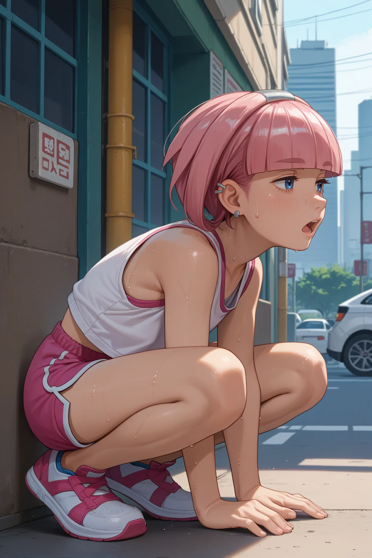 score_9, score_8_up, score_7_up, score_6_up, source_anime, 1girl, solo <lora:pkmnmollie-pdxl-nvwls-v1-000005:1> mollie, pink hair, blunt bangs, short hair, blue eyes, hairband, ear piercing, white tank top, from side, exhausted, dolphin shorts, sweat, open mouth, heavy breathing, city, crouching, sneakers, midriff, all fours