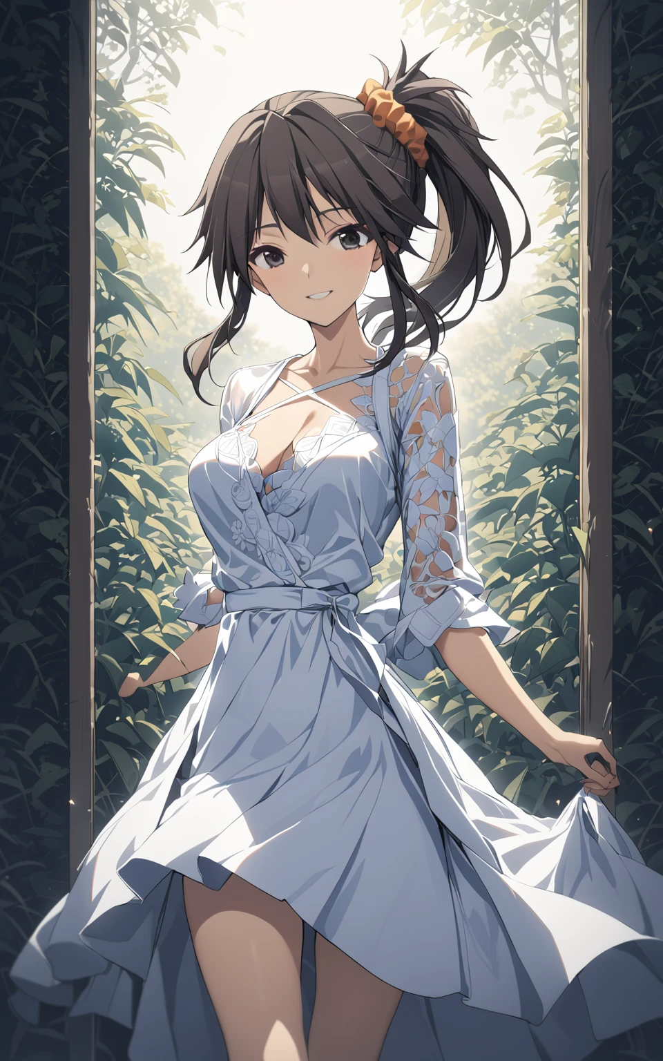 1girl, yuzuri\(memories off 8\), hair scrunchie, brown hair, ponytail, one side up, standing, white dress, smile, wind, auntum, outdoors, masterpiece, best quality, very aesthetic, absurdres, vivid colors, highres, 4k, 8k, intricate detail, cinematic lighting, wallpaper,  <lora:yuzuri_v_1_4-000006:1> <lora:aesthetic_anime_v1s:1>