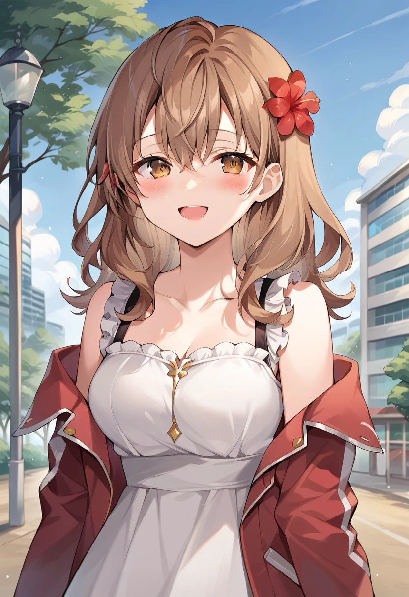 score_9, score_8_up, score_7_up, source_anime,maria, 1girl, solo, long hair, blush, smile, open mouth, brown hair, hair ornament, long sleeves, dress, hair between eyes, bare shoulders, brown eyes, collarbone, jacket, upper body, flower, :d, outdoors, frills, open clothes, sky, sleeveless, day, hair flower, off shoulder, open jacket, tree, sleeveless dress, red flower, building, red jacket, depth of field