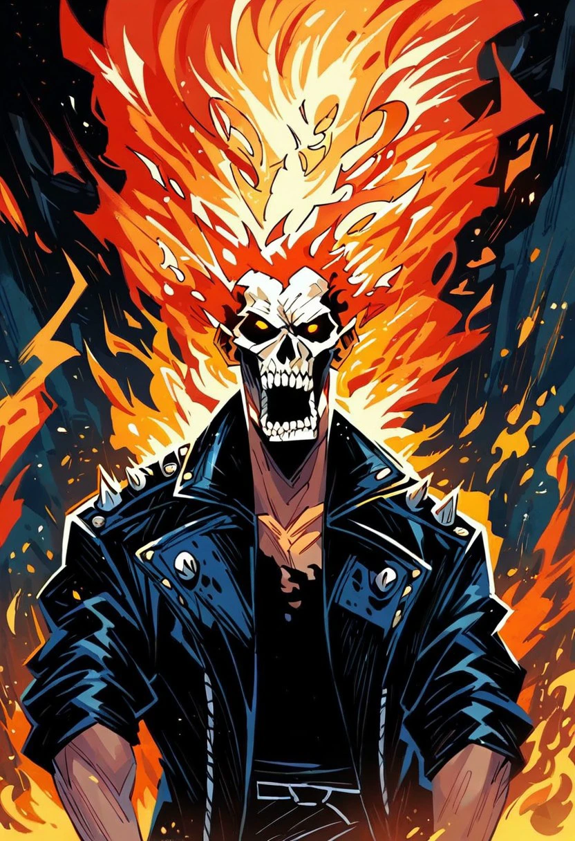 score_9, score_8_up, score_7_up, score_6_up, 1boy, cowboy shot, his head is a burning skull, flaming inferno, leather jacket with spikes,
raging look on face, eye contact, 
expressive,
outside, night, glowing background
black linework, ruins