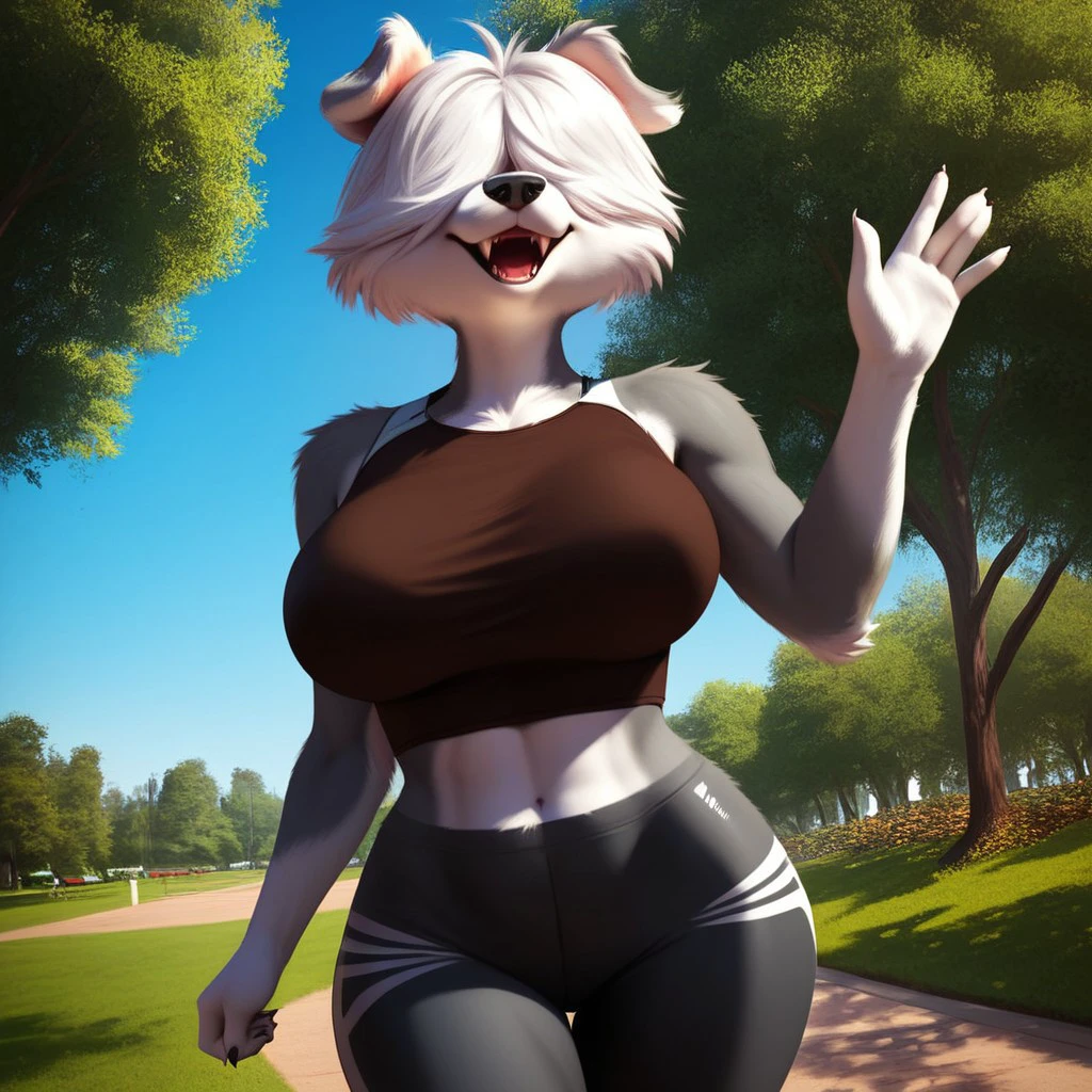 score_9, score_8_up, score_7_up, solo 1girl, Expressiveh, (dog girl, hair over eyes, black nose, white body, white fur, gray body, gray fur, two tone body, two tone fur, white hair, short hair, furry, anthro, fangs, teeth, brown shirt, yoga pants), cowboy shot, smile, walking, waving, afternoon, park, grass, trees, afternoon, female focus, looking at viewer, detailed background, 4k, masterpiece, best quality, highly detailed, realistic