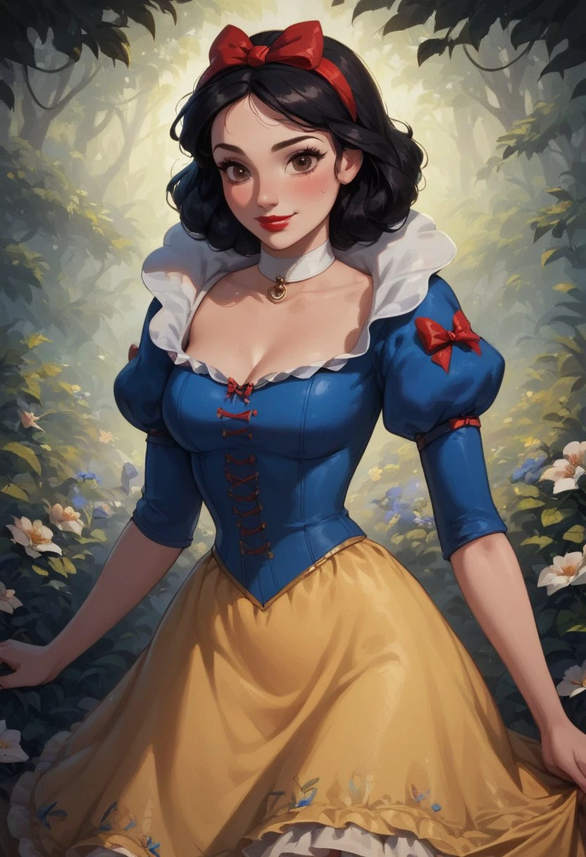 score_9, score_8_up, score_7_up, score_6_up, score_5_up, score_4_up, sexy girl, 1girl, Snowwhite, Disney, \(Snow White and the Seven Dwarfs\)/,(ultra HD quality details), brown eyes, black hair, bobbed hair, pale skin, blue sleeves with red slashing, puffy sleeves, yellow skirt, laced petticoat, dress, white collar,
 makeup, red lipstick, red hair bow, modest smile, modest look, seducing viewer, hearts, posing, sexy pose, solo, hairband, large saggy boobs, fantasy forest, apple tree, submission, flowers, sun light, cinematic lightings