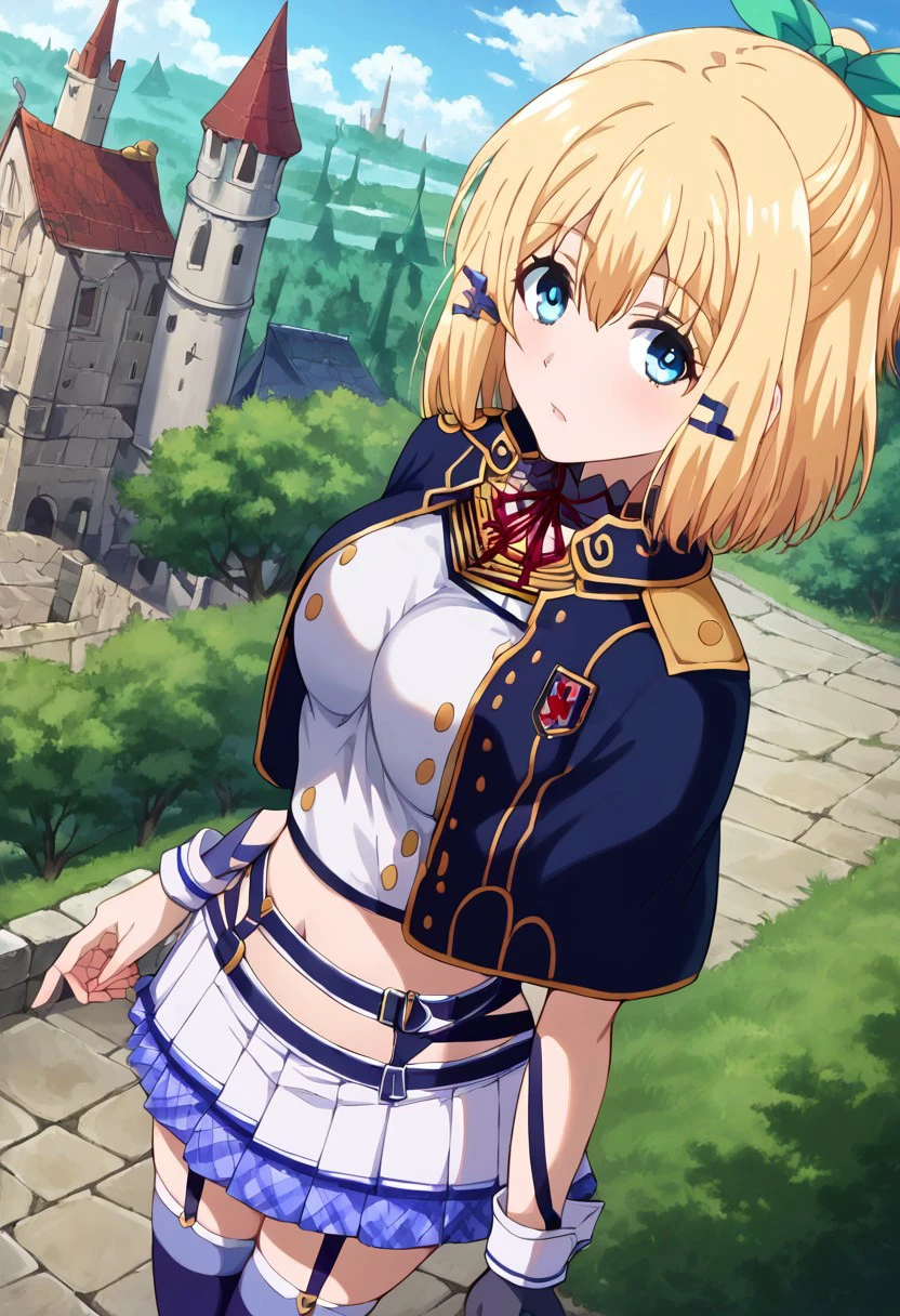 best quality, (masterpiece:1.2), detailed, medieval,
1girl, Rumia Tingel, \(Akashic Records of Bastard Magic Instructor\), blue eyes, blonde hair, medium hair, ponytail, hair clip, green ribbon,
alzano school uniform, blue capelet, blue thighhighs, neck ribbon, detached collar, garter straps, single wrist cuff, single glove, uneven gloves, shirt, pleated skirt, suspender skirt, midriff,
large breasts, narrow waist, wide hips,
standing, from angle, looking at the viewer,
outdoors, castle