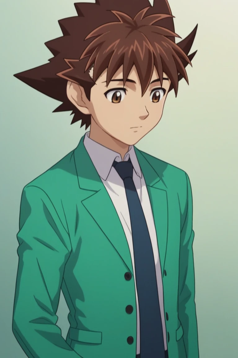 score_9, score_8_up, score_7_up, score_6_up, masterpiece, best quality, amazing quality, best aesthetic, absurdres, intricate details, sena kobayakawa, brown hair, brown eyes, school uniform, green jacket, 1boy, male focus, solo, necktie, spiked hair, looking down, jacket, shirt, upper body, white shirt, collared shirt<lora:EMS-450953-EMS:1.000000>