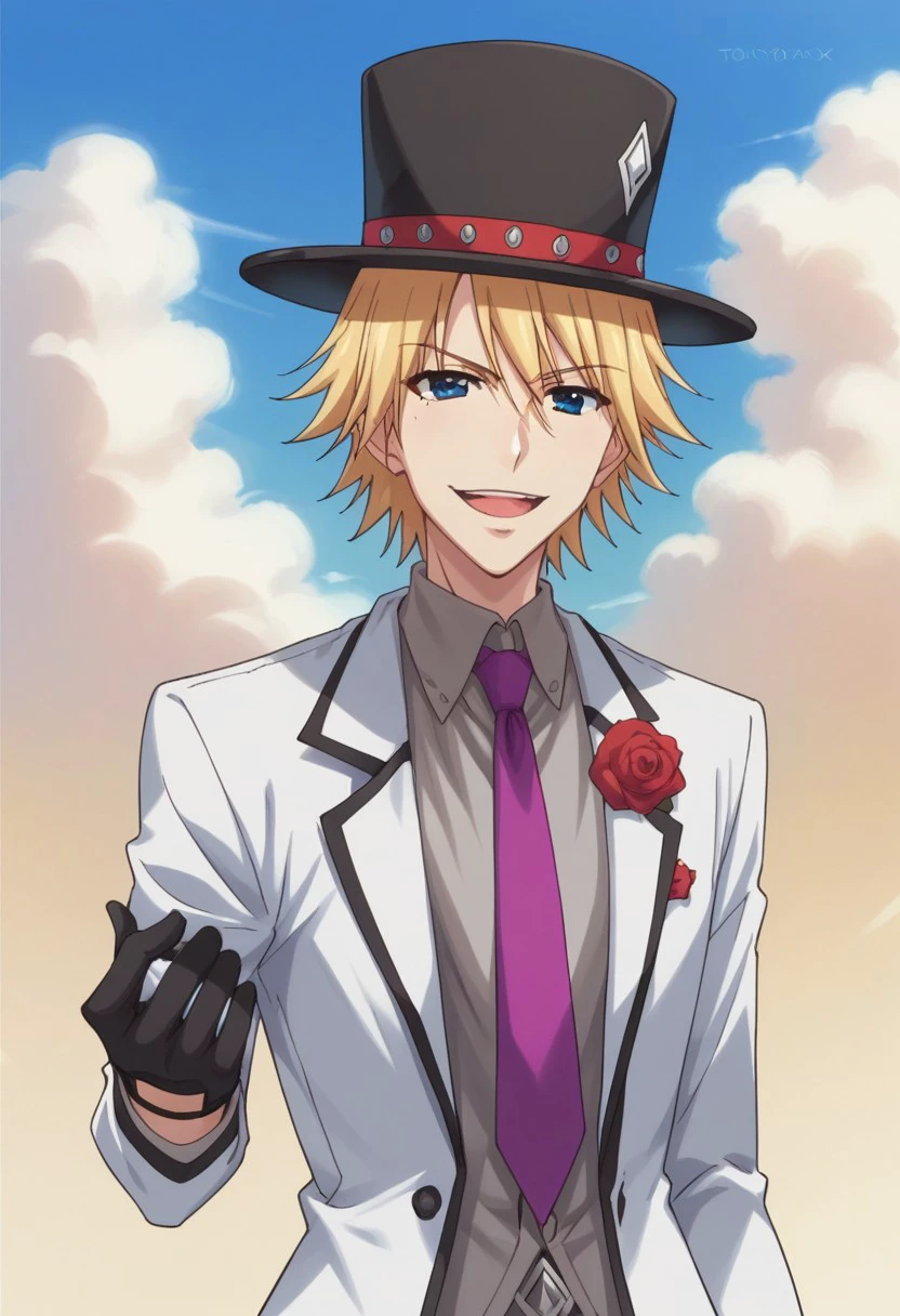 score_9, score_8_up, score_7_up, source_anime, highly detailed,
KaiNijuuri, solo, 1boy, male focus, hat, blonde hair, gloves, monocle, necktie, flower,
top hat, purple necktie, rose, upper body, blue eyes, black gloves,
formal, smile, smirk, open mouth, suit, standing,
outdoor, sky