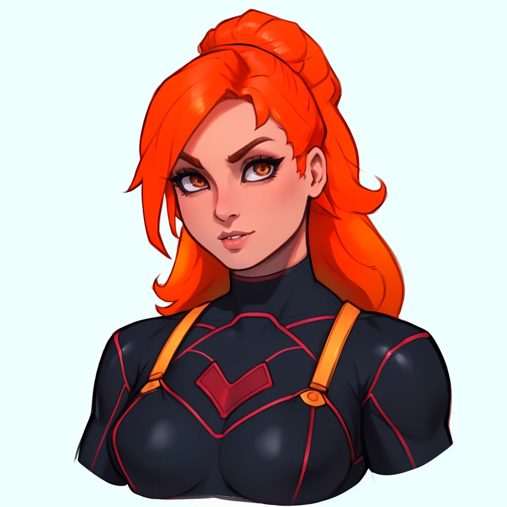 <lora:bentodraws:0.7>, Best_QualityPos, RAW photo, intricate details, best quality, 8k uhd, soft lighting, 1girl, solo, bentodraws, simple background, black bodysuit, <lora:Becky_Lynch:0.4> becky lynch, long hair, orange hair, brown eyes