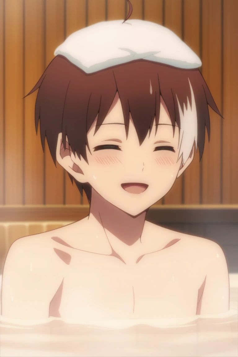 score_9, score_8_up, score_7_up, score_6_up, masterpiece, best quality, amazing quality, best aesthetic, absurdres, intricate details, akatsuki iride, brown hair, blue eyes, 1boy, male focus, closed eyes, smile, towel on head, towel, solo, blush, multicolored hair, open mouth, onsen, white hair, two-tone hair, collarbone, bathing<lora:EMS-450818-EMS:1.000000>