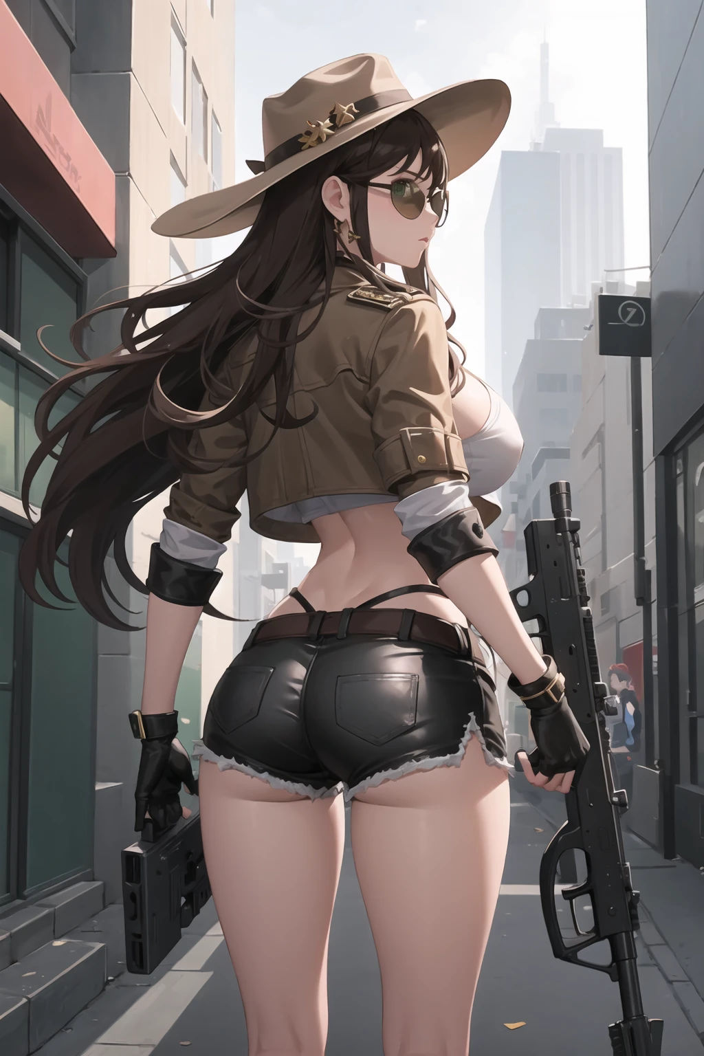 1girl, standing, looking at viewer, from behind, ass, <lora:FKSCaitlyn-000010:0.5>, fkscaitlyn, long hair, brown hair, sunglasses, hat, green crop top, brown cropped jacket, large breasts, cleavage, shorts, holding weapon, rifle, fingerless gloves, jewelry, in public, on the streets, buildings in the background