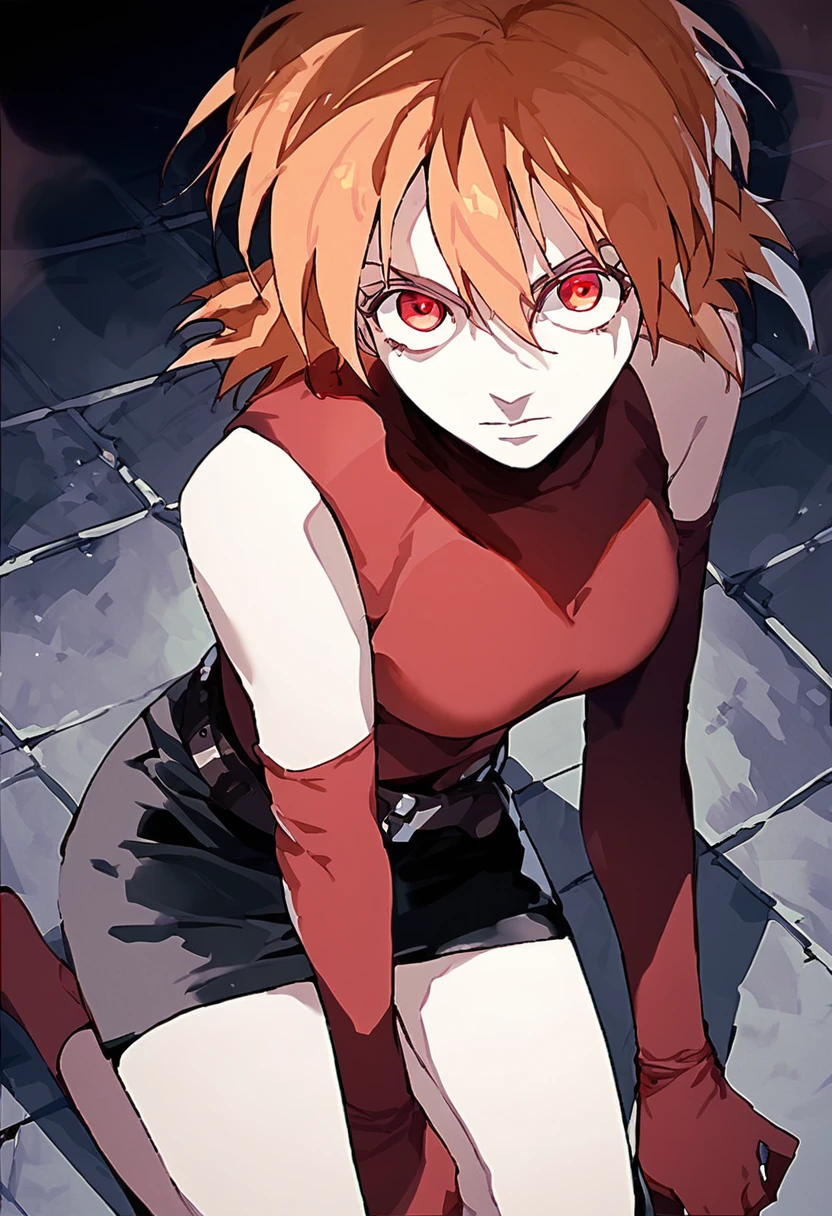 score_9, score_8_up, score_7_up, seras victoria, from above, kneeling, looking at viewer, sleeveless, red turtleneck, elbow gloves, black skirt, belt, orange hair, red eyes, dark background <lora:Seras_Victoria:1>