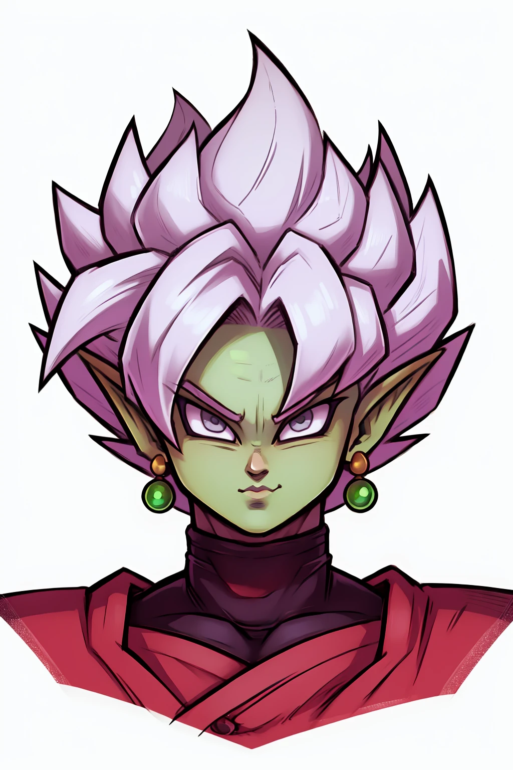 Best_QualityPos, RAW photo, intricate details, best quality, 8k uhd, soft lighting, 1girl, solo, bentodraws, simple background, <lora:bentodraws:0.7> <lora:DBS_Fusion_Zamasu:0.5> dbs_fusion_zamasu, jewelry, earrings, colored skin, white hair, spiked hair, grey eyes, green skin, pointy ears, super saiyan