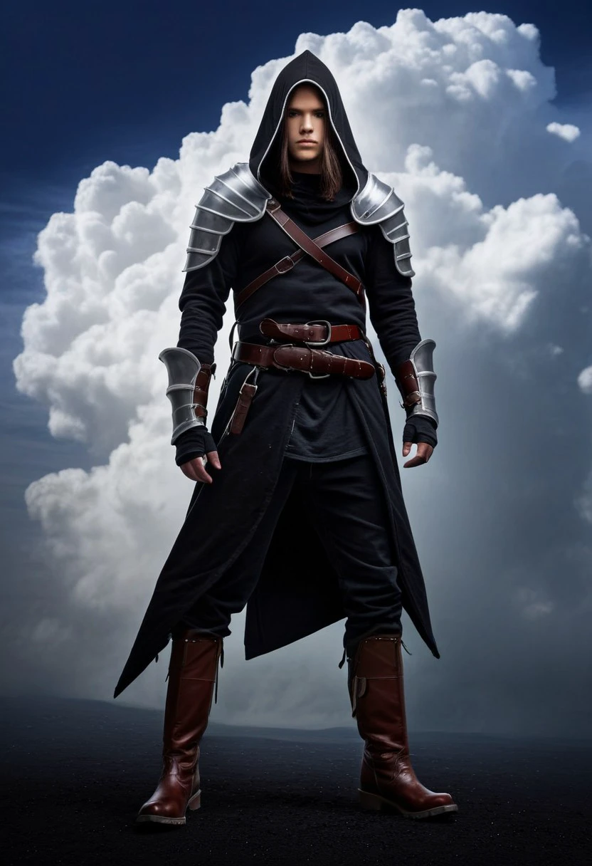 hood, holding weapon, hood up, long sleeves, long hair, boots, shoulder armor, cloud, belt, closed mouth