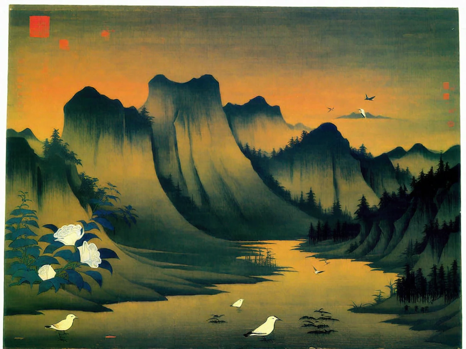 a river , mountains are visible in the distance <lora:tang2song_pony_v1:0.9> created in the tang to song dynasty,  traditional media, oriental gongbi \(style\),bird-and-flower painting \(genre\), score_9, score_6_up, score_7_up