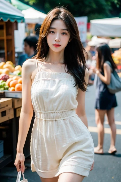 masterpiece, best quality, ultra-detailed, ultra high res, (photorealistic:1.4), raw photo, (realistic:0.2), 8k HDR, realistic lighting, looking at viewer, 1girl, solo, asymmetrical hair, outdoor, sky, (traditional market:1.2), bokeh, (detailed lips), (detailed pores), (detailed skin textures), (detailed face:1.2), (body:1.2), a woman in a sundress, promotional image, thigh gap,