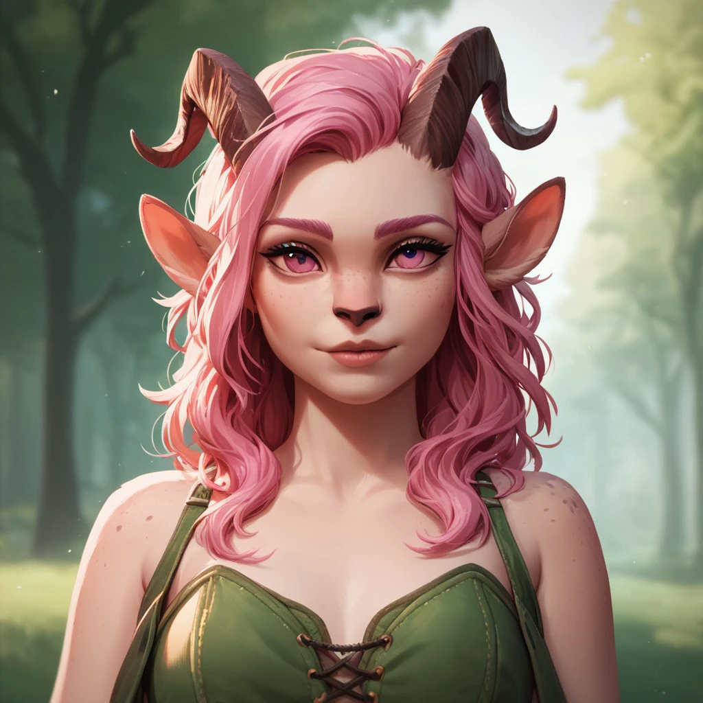 (((detailed, beautiful, high quality))), upper Body, score_9, score_8_up, score_7_up,
satyr, faun, horns, animal ears, deer horns, 1girl, pink hair, pink eyes, green medieval top, fingerless gloves, 
looking at the viewer, posing, blurred background, blurred fantasy background,