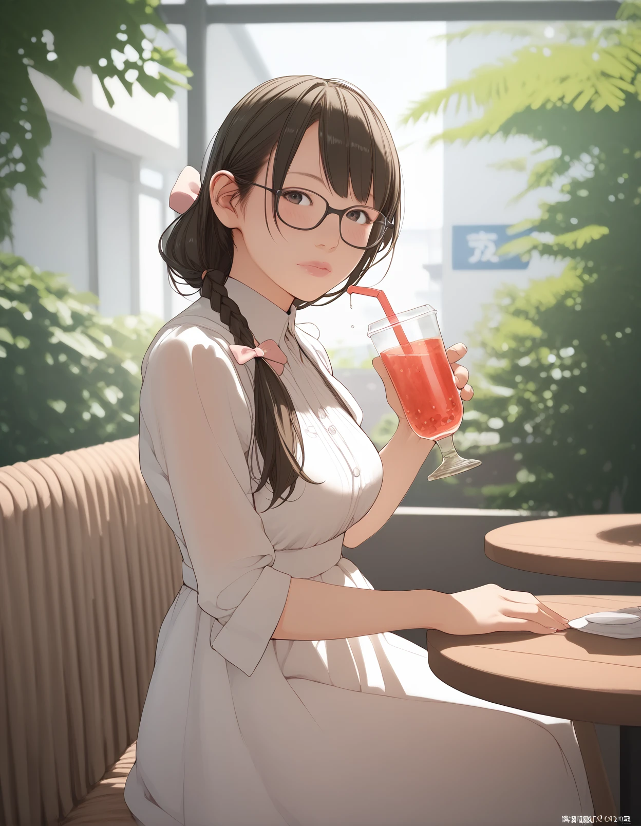 score_9, score_8_up, score_7_up,score_6_up,score_5_up,score_4_up,  1girl,sitting in a cafe, dress, low tied hair, hair bow, sunlight, pink lips, from side, medium breasts, glasses, very long hair, looking at viewer, drinking juice, head tilt, blush, 
 <lora:backfishcalter_style_pony6_v3-000034:1>