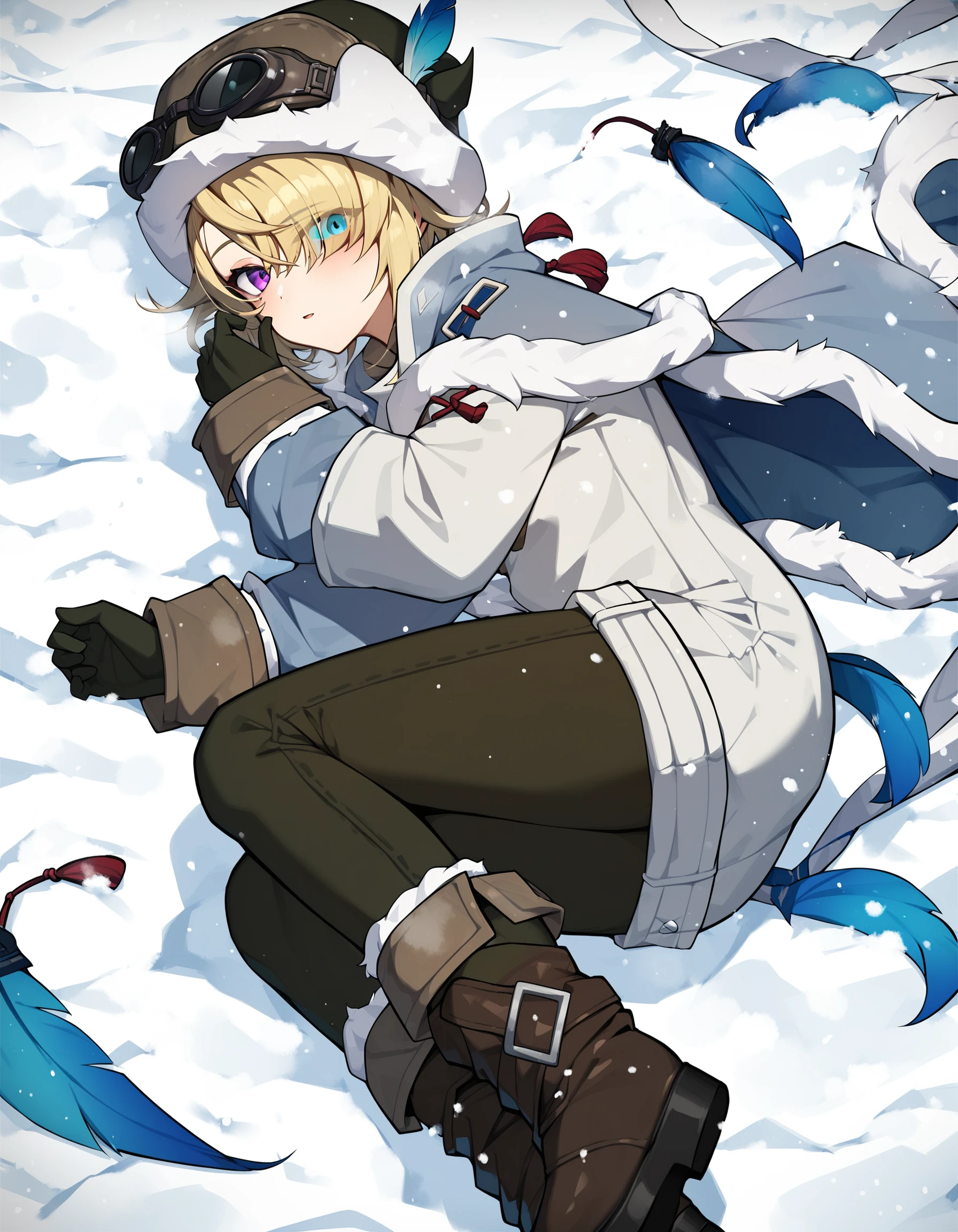 score_9,score_8_up,score_7_up,
<lora:shanduola_pony:0.85>,shanduola,1girl,solo,blonde hair,purple eyes,boots,gloves,goggles,snow,brown footwear,fur trim,looking at viewer,heterochromia,on side,lying,hat,blue eyes,pants,long sleeves,short hair,goggles on headwear,brown gloves,feathers,hair over one eye,eyes visible through hair,