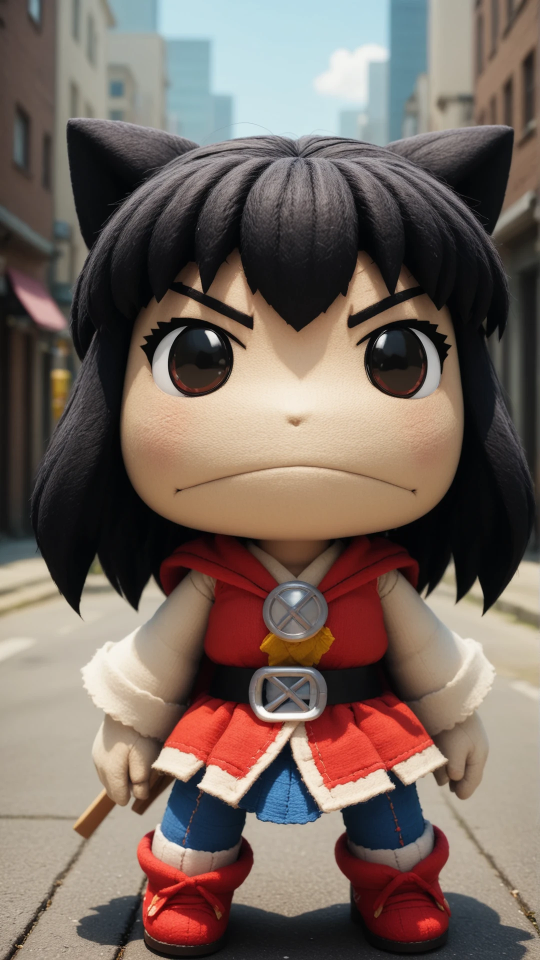 <lora:SackpeopleCharacterStyleSDXL:0.75>sackgirl Inuyasha from Inuyasha, angry expression, woven, stitches, stitching, in location upside-down city