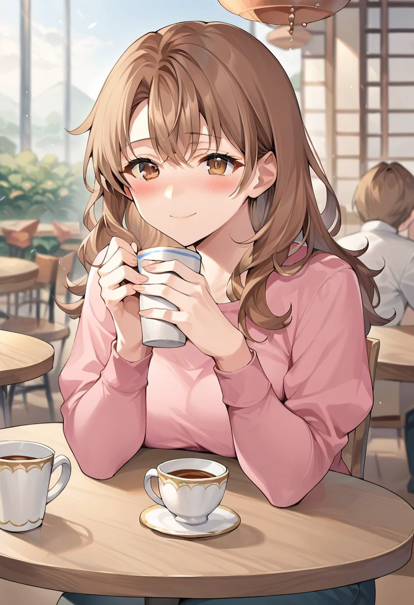 score_9, score_8_up, score_7_up, source_anime,maria, brown eyes, long hair, brown hair,1girl, solo focus, sitting, smile, cup, pink shirt, table, blush, depth of field