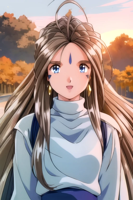 Belldandy,
solo, 25 years old woman, perfect face, healthy skin, high skin detail, skin pores, symmetrical eyes, perfect eyes,
light brown hair, absurdly long hair, voluminous hair, long side bangs, blue eyes, antenna hair, ahoge from the forehead center top, light pink lips, shiny eyes, shiny skin, natural make-up, an elongated-shaped blue forehead mark, triangular-shaped blue cheek marks, gold choker, bracelets, earrings, anklets,
turtleneck sweater, culottes,
(blush:0.8), (open mouth:0.8), (smile: 0.8), relaxed,
walking in a park, autumn sky, sunset, wind blowing,
upper body shot, dynamic angles,
 <lora:Belldandy OVA SD V3:1> <lora:DetailTweaker:0.6>