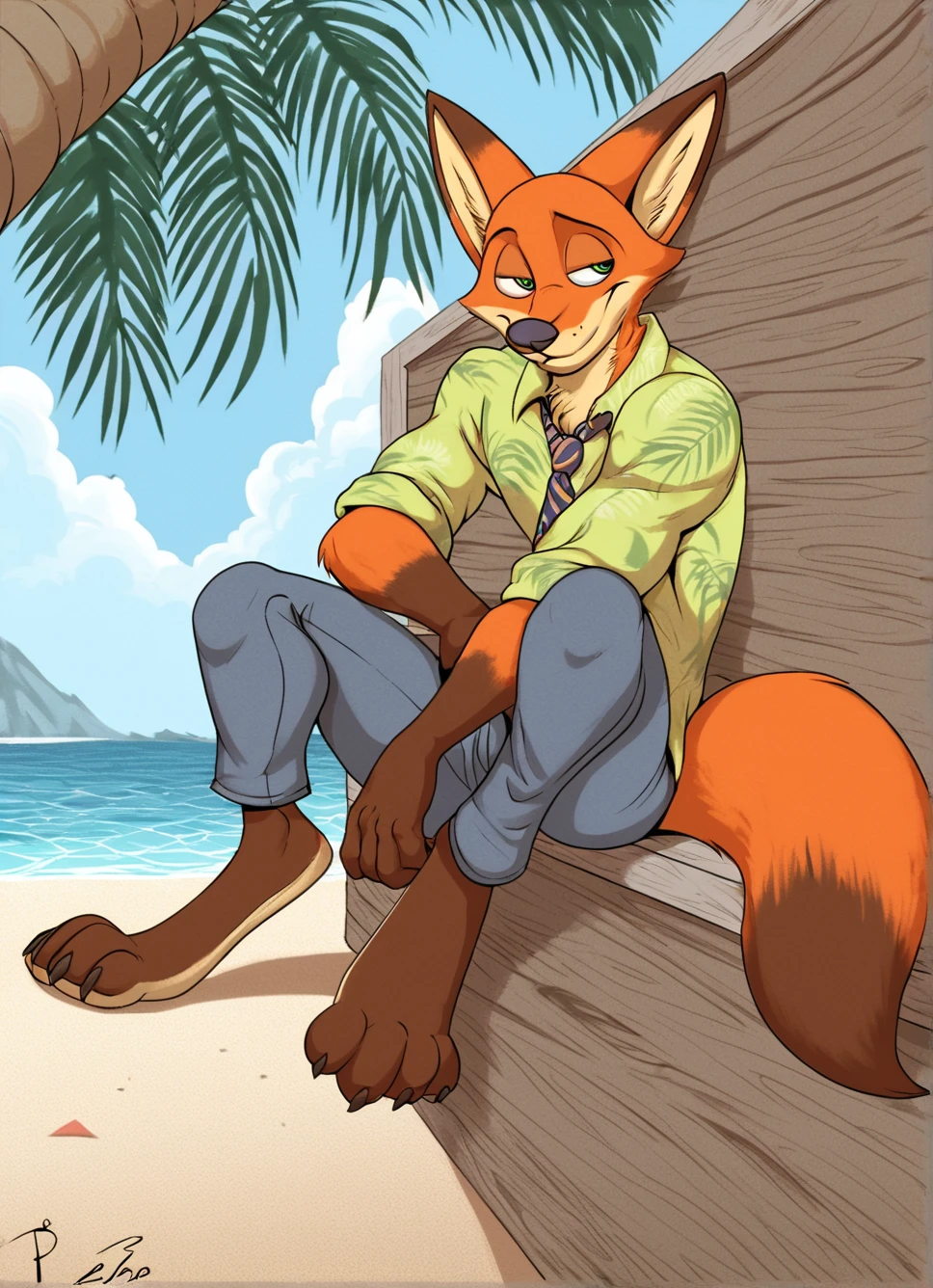 score_9, score_8_up, score_7_up, source_furry, ((masterpiece)), best quality, 1boy, solo, sitting, bar, outside, (anthro, fox), (zp92, detailed background, beach:1.2, island, palms), (full body, emotion face), nick wilde, huge humanoid long feet, barefoot, shorts pants, shirt, day, sun, sunglasses, material:wood, 