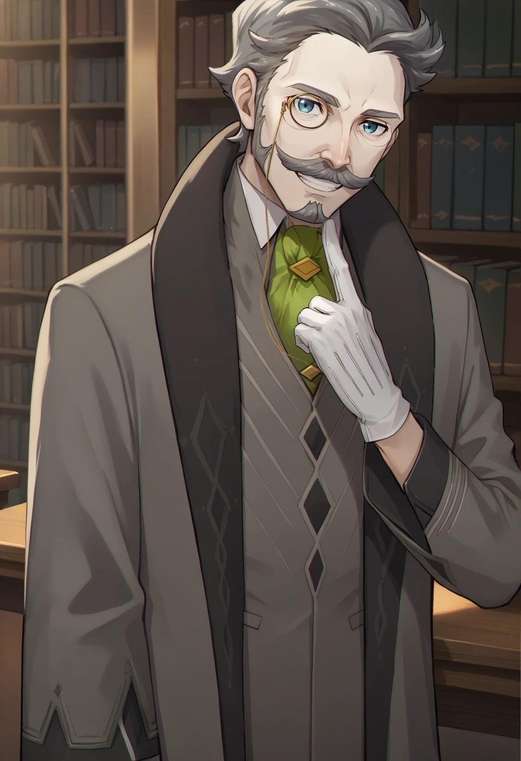 score_9, score_8_up, score_7_up, source_anime, 1boy, looking at viewer, grin, hand up, finger to own chin, <lora:HannemanFE-pdxl:1> hanFE, short hair, grey hair, blue eyes, old man, mustache, goatee, grey jacket, long sleeves, collared shirt, green ascot, coat, white gloves, indoors, library