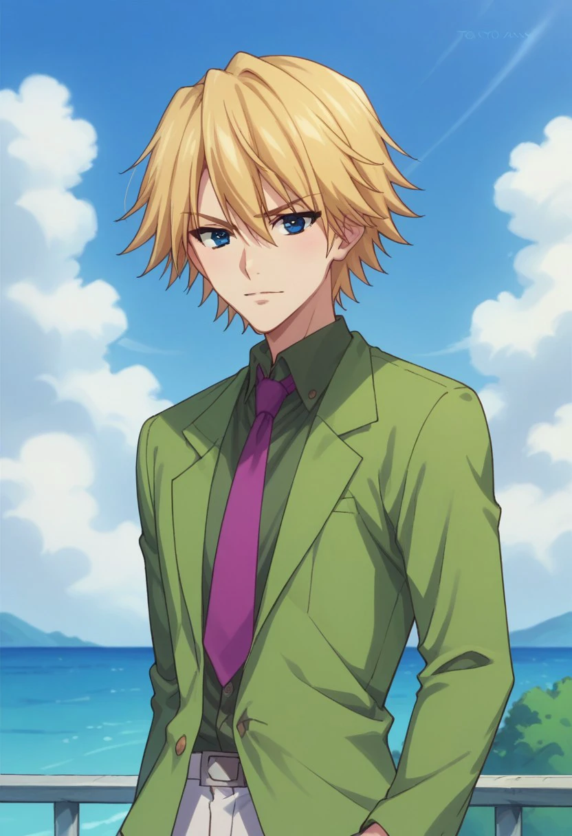 score_9, score_8_up, score_7_up, source_anime, highly detailed,
KaiNijuuri, solo, 1boy, male focus, blonde hair, necktie, purple necktie, blue eyes, shirt, green shirt, white pants, upper body
outdoor, sky