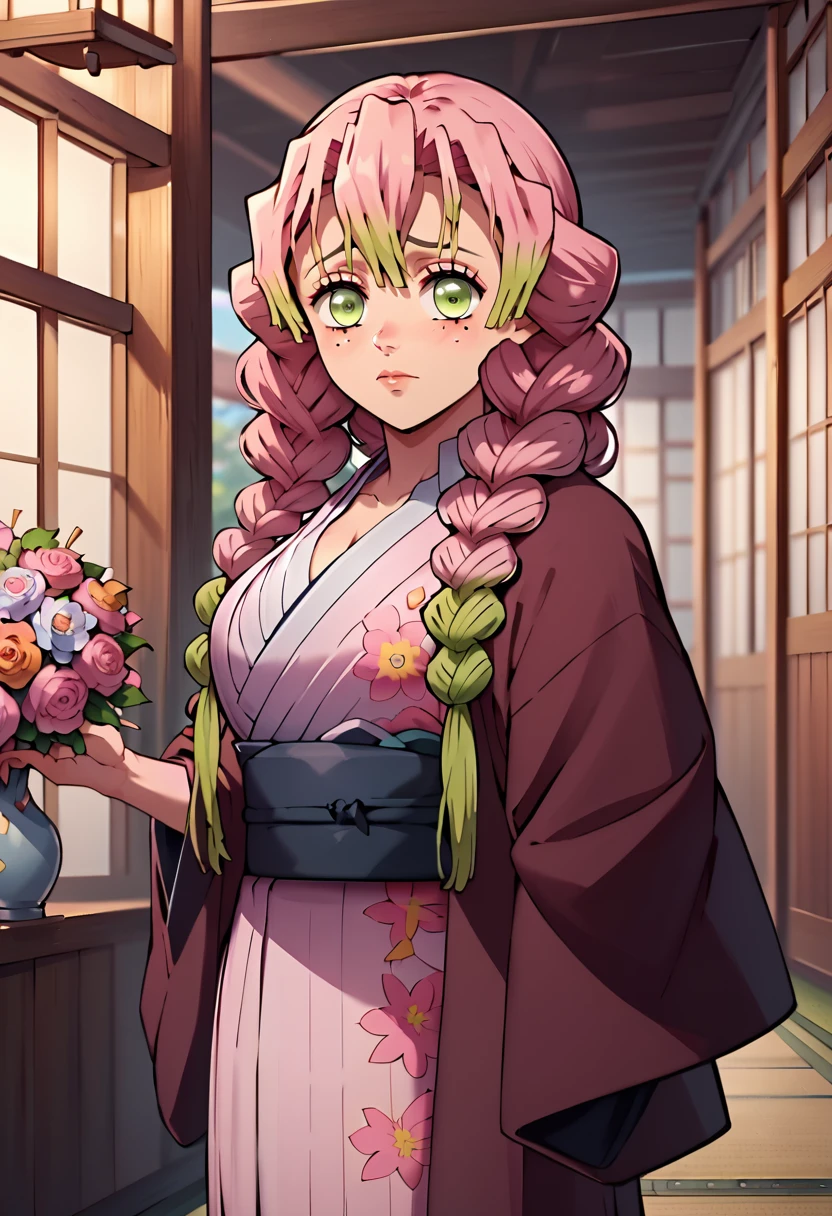 <lora:MitsuriKanrojiPony-10:1>Mitsurujionz, kanroji mitsuri, long hair, hair between eyes, pink hair, twin braids, green eyes, mole under eye, medium breasts, black jacket,  japanese clothes, haori, pink kimono, sash,  obi,  floral print, yukata, Standing, pretending to hold a bouquet of daisies,, score_9, score_8_up, score_7_up, score_6_up, score_5_up, score_4_up,