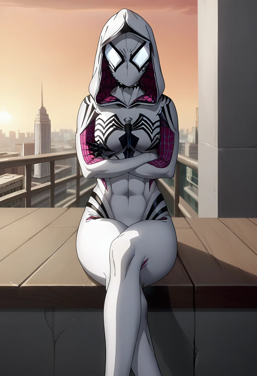 score_9, score_8_up, score_7_up,score_6_up, source_anime, city, rooftop, fine anime screencap_xl, anime coloring, animification, anime screencap, <lora:anime_screencap:1>
BREAK 
1girl,gwenom, hooded bodysuit, hood up, superhero, spider web print,mask,white eyes, breasts, in heat, claws, toned,thick thighs,looking at viewer, symbiote, sitting,crossed legs,sunrise, crossed arms, abs, plump, <lora:gwenom-08:1.0>