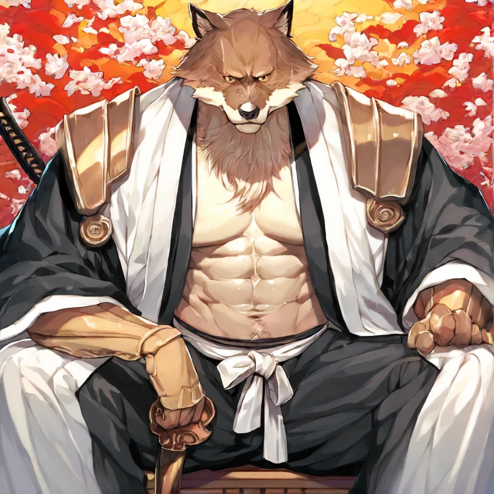 score_9, score_8_up, score_7_up, detailed background,   <lora:Sajin_Komamura-000009:0.9> sajin komamura, wolf, wolf boy, male focus, 1boy, solo, bara, Japanese clothes, weapon, sitting