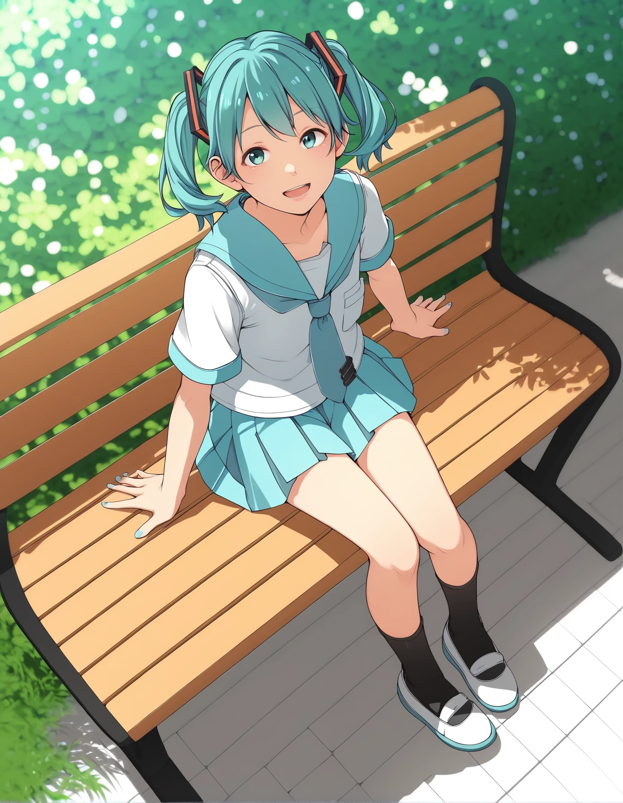 score_9, score_8_up, score_7_up,score_6_up,score_5_up,score_4_up,  1girl sitting on a park bench, (dutch angle:0.8), smile, open mouth, school uniform, (hatsune miku:0.6), short hair, twintails, hair ornament, 
 <lora:backfishcalter_style_pony6_v3-000034:1.2>