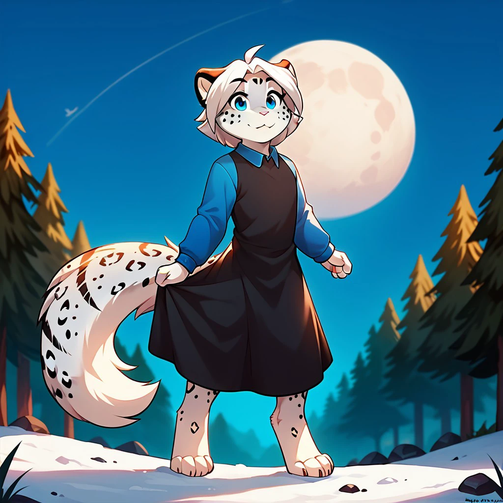 score_9,score_8_up,score_7_up,score_6_up,score_5_up,score_4_up,source_furry, maevetk, anthro, female, snow leopard, young, blue eyes, white hair, ahoge, furry,flat chested,1girl,detailed fur, detailed background, outside,  young anthro, digitigrade,  barefoot, black dress, blue collar, blue sleeves, long sleeves, wrestling an alligator, <lora:37de695d-9a33-4dab-b796-c083e8af4c2c:0.7>