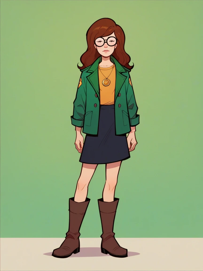 score_9, score_8_up, score_7_up, score_6_up, score_5_up,  <lora:DariaXLP:1> daria, 1girl, brown hair, glasses, green jacket, black skirt, boots