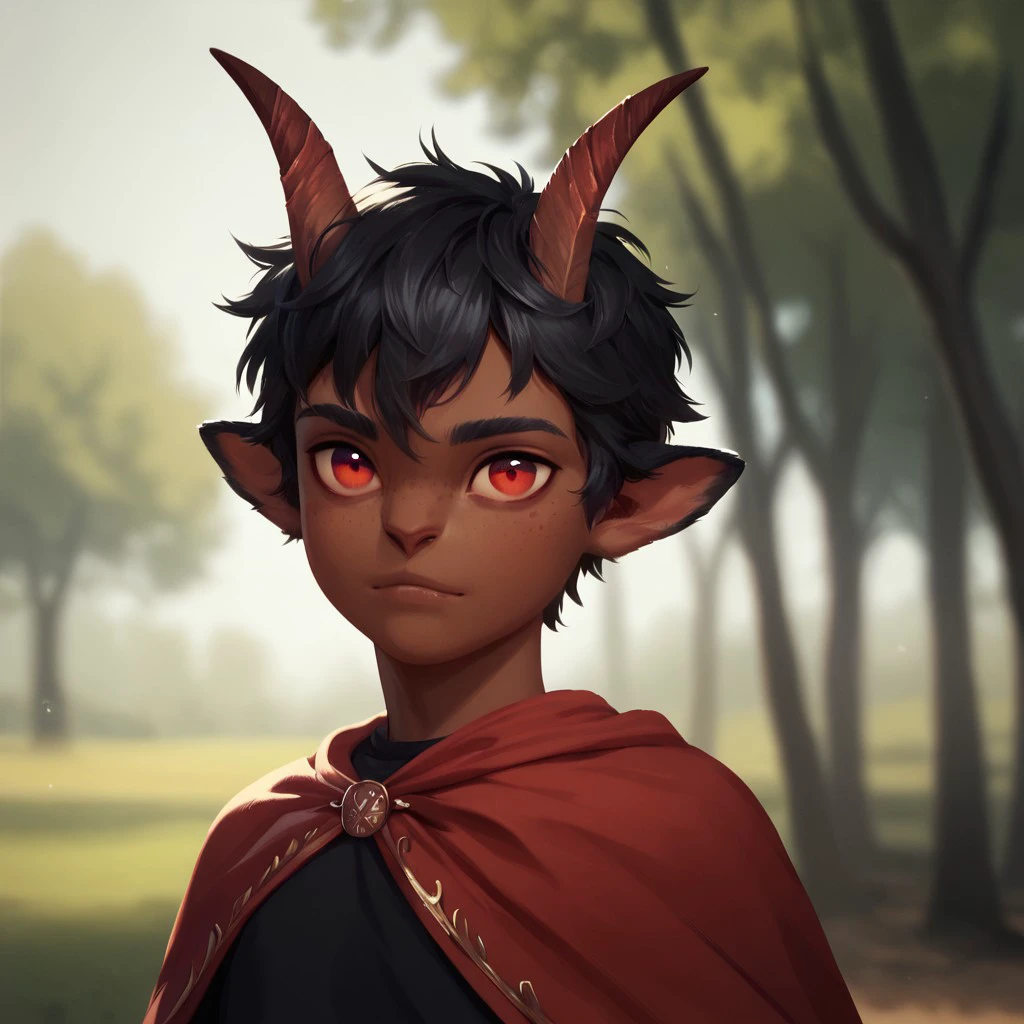 (((detailed, beautiful, high quality))), upper Body, score_9, score_8_up, score_7_up,
satyr, faun, horns, animal ears, small horns, 1male, black hair, red eyes, short stature, young, red cape, black shirt, dark skin, 
looking at the viewer, posing, blurred background, blurred fantasy background,