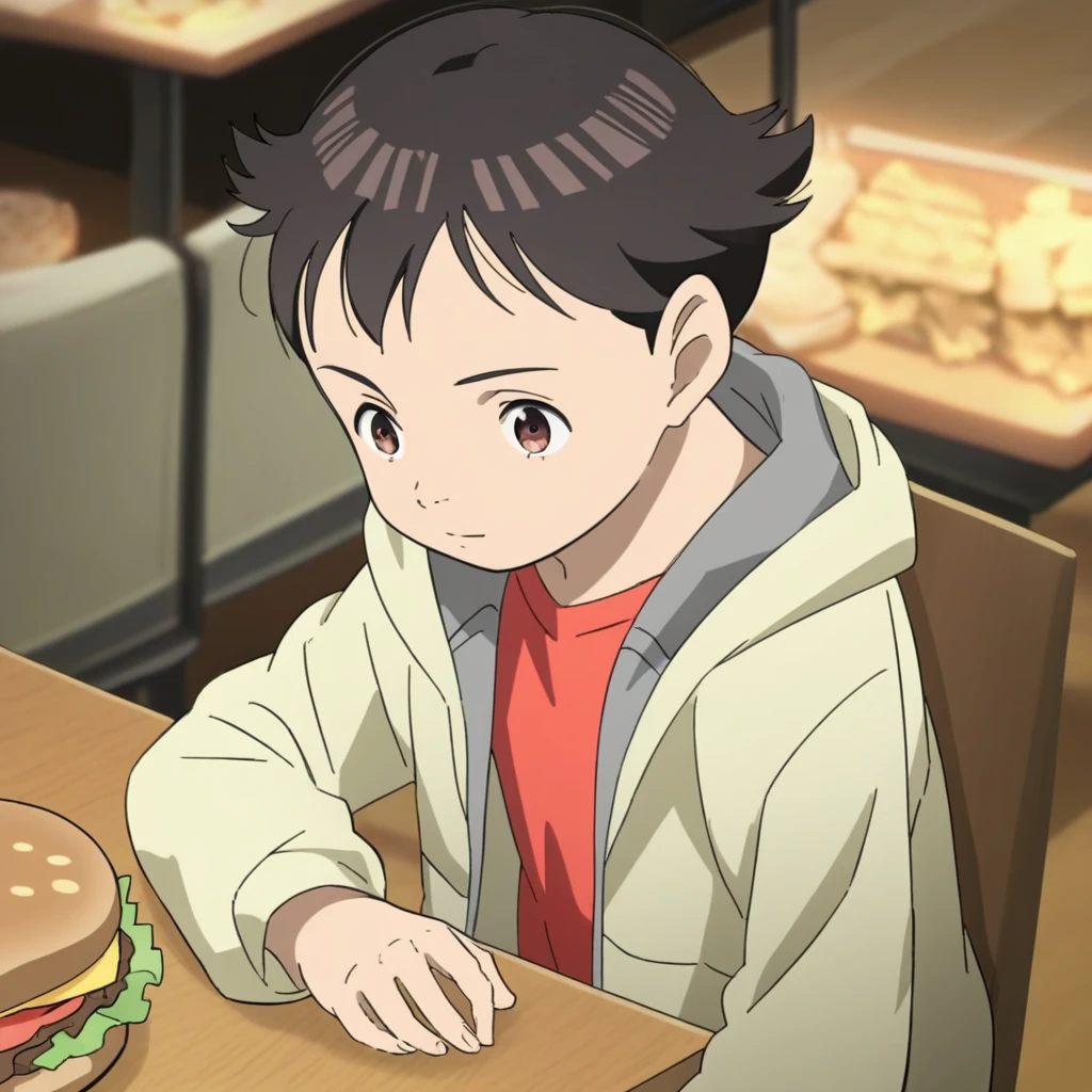 Score_9, solo, tt_atom, black hair, shirt, jacket, brown eyes, sitting, table, hamburger