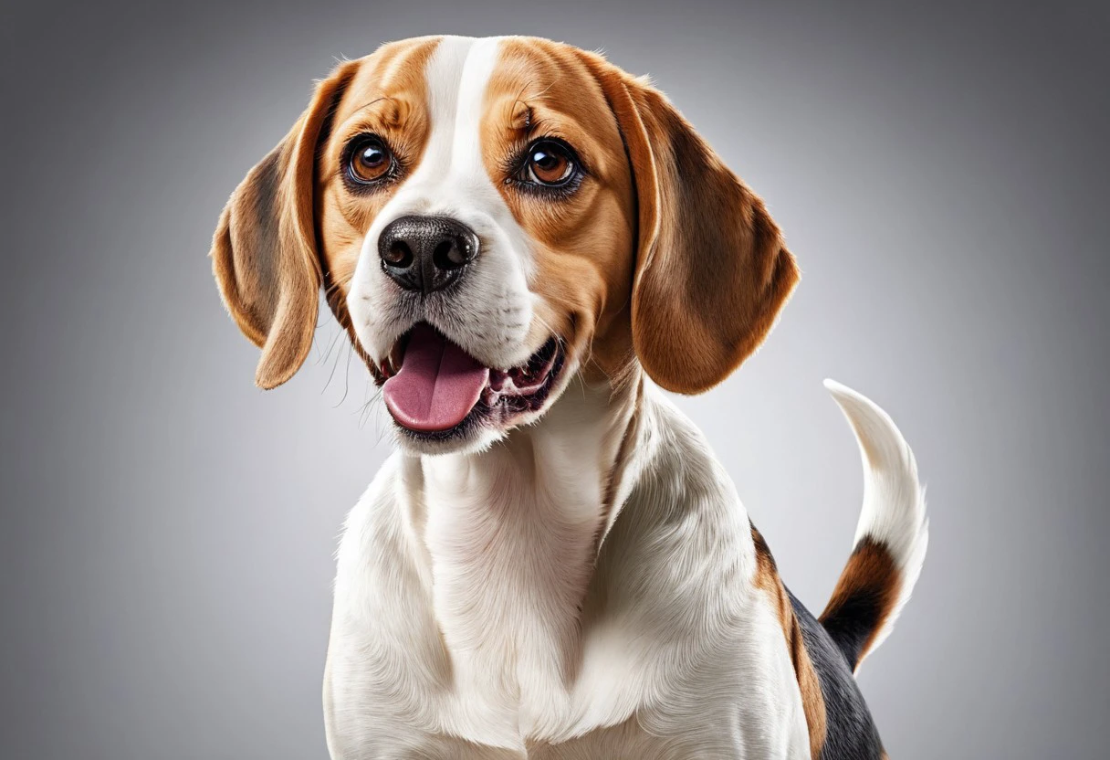 super realistic image ultra quality and super high resolution and sharp focus, photorealistic style of Beagle dog dynamic pose, cheerful and friendly, playful, funny