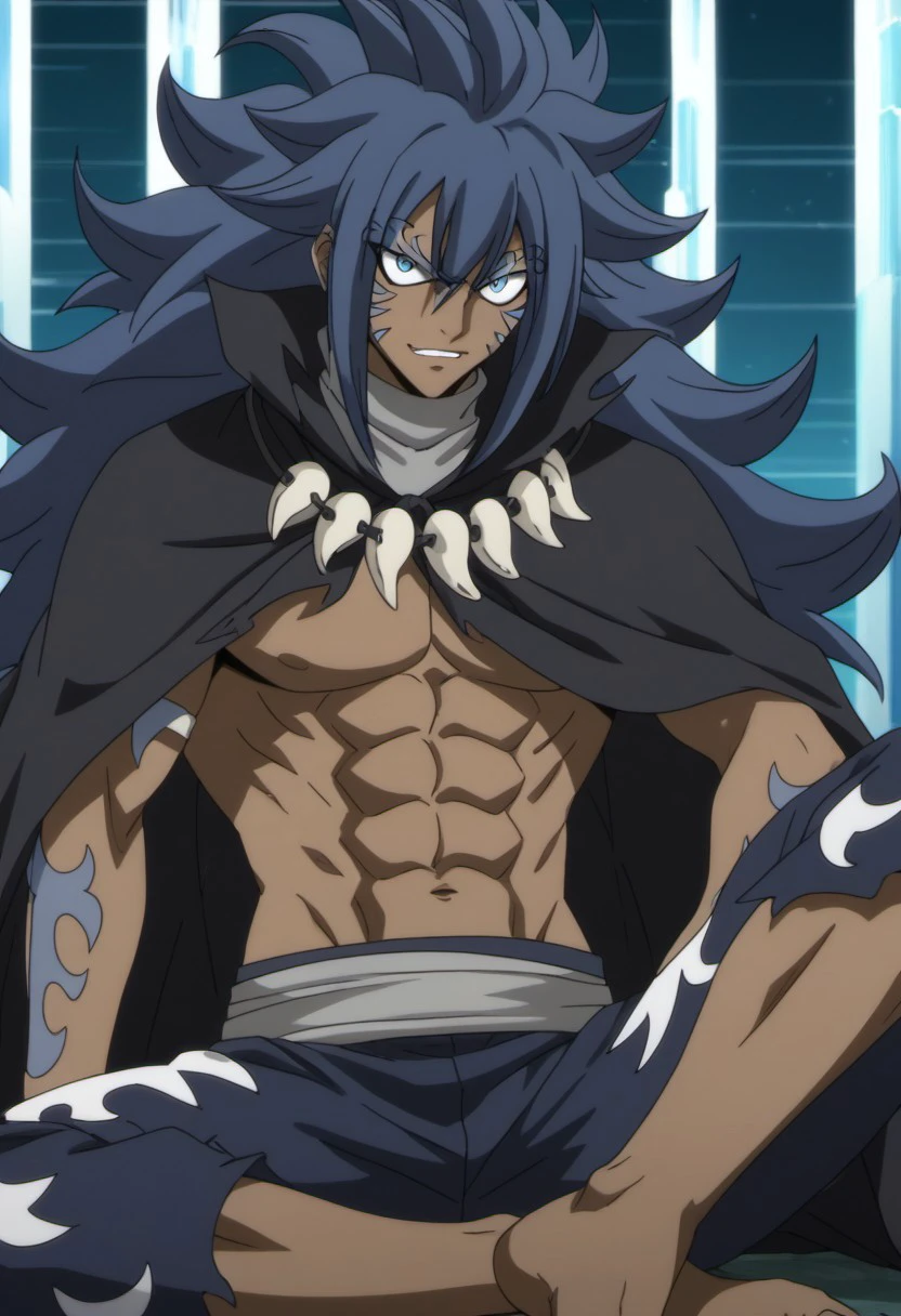 score_9, score_8_up, score_7_up, source_anime, rating_safe, AcnologiaFT, 1boy, male focus, anime screencap, black Acnologia cloak, white Acnologia tooth necklace, grey Acnologia turtleneck, grey Acnologia waist cloth, blue Acnologia pants, blue Acnologia arm tattoo, barefoot, sitting,