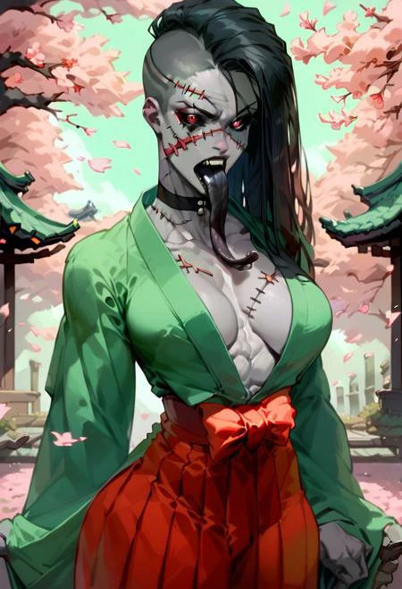 score_9, score_8_up, score_7_up, Lyrxia, black hair, grey skin, black tongue, green kimono, red hakama, cherry blossoms