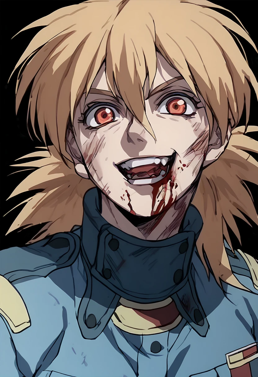 score_9, score_8_up, score_7_up, score_6_up, seras victoria, smile, bloody mouth, blue military uniform, black background <lora:Seras_Victoria:1>